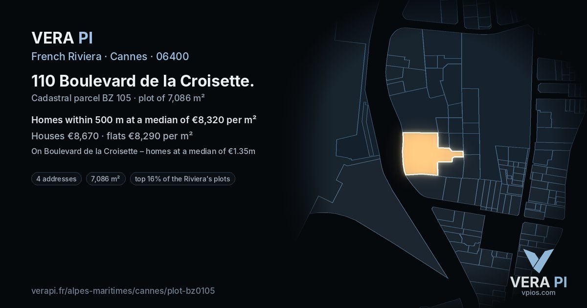 110 Boulevard de la Croisette, Cannes at night – the plot lit, the parcels around coloured by the prices near them