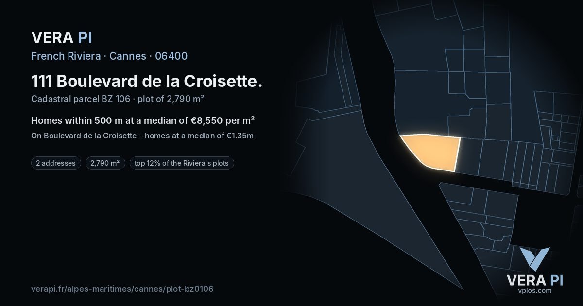 111 Boulevard de la Croisette, Cannes at night – the plot lit, the parcels around coloured by the prices near them