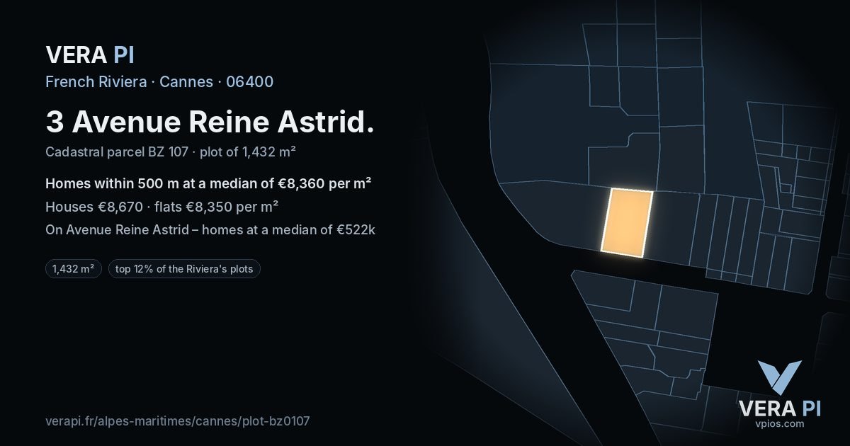 3 Avenue Reine Astrid, Cannes at night – the plot lit, the parcels around coloured by the prices near them