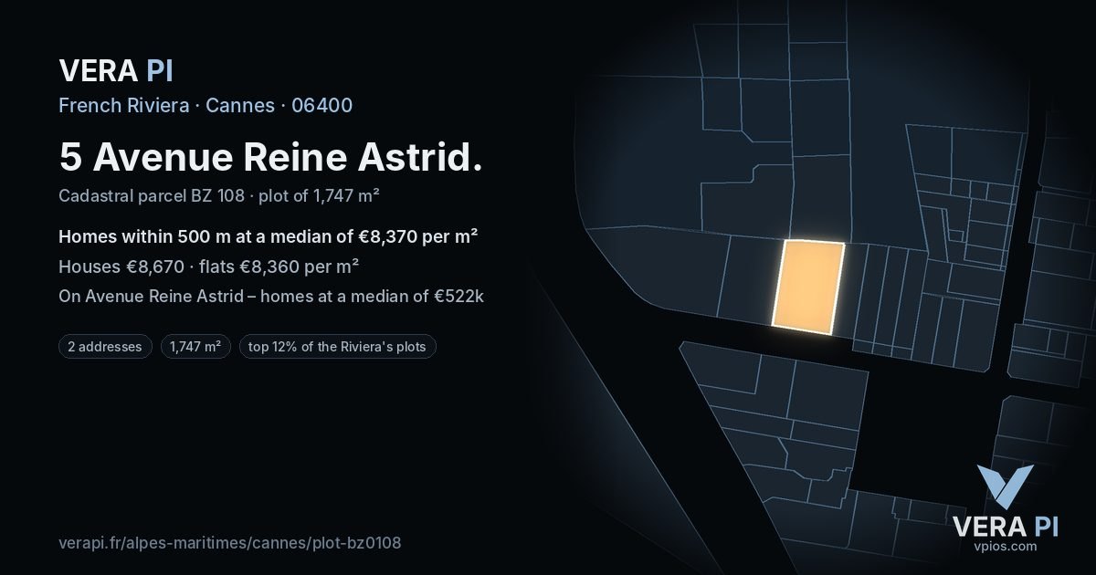 5 Avenue Reine Astrid, Cannes at night – the plot lit, the parcels around coloured by the prices near them