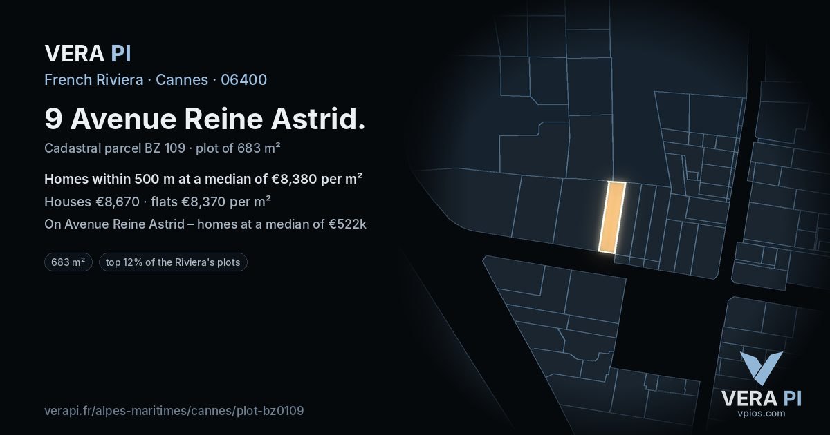 9 Avenue Reine Astrid, Cannes at night – the plot lit, the parcels around coloured by the prices near them