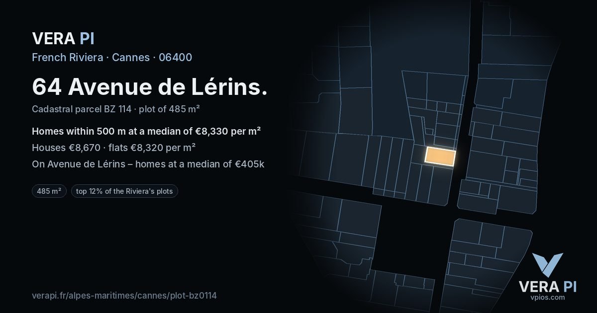 64 Avenue de Lérins, Cannes at night – the plot lit, the parcels around coloured by the prices near them