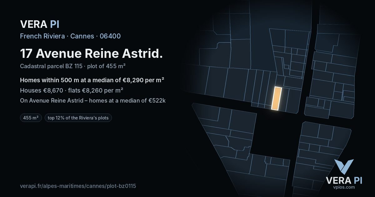 17 Avenue Reine Astrid, Cannes at night – the plot lit, the parcels around coloured by the prices near them