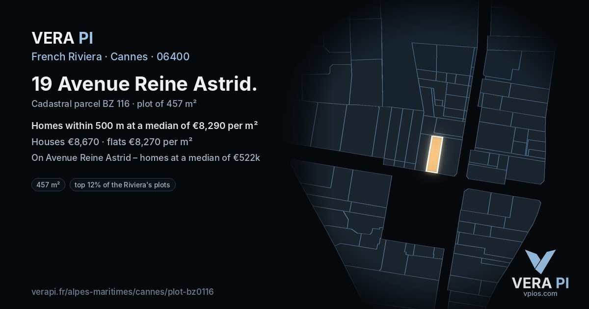 19 Avenue Reine Astrid, Cannes at night – the plot lit, the parcels around coloured by the prices near them