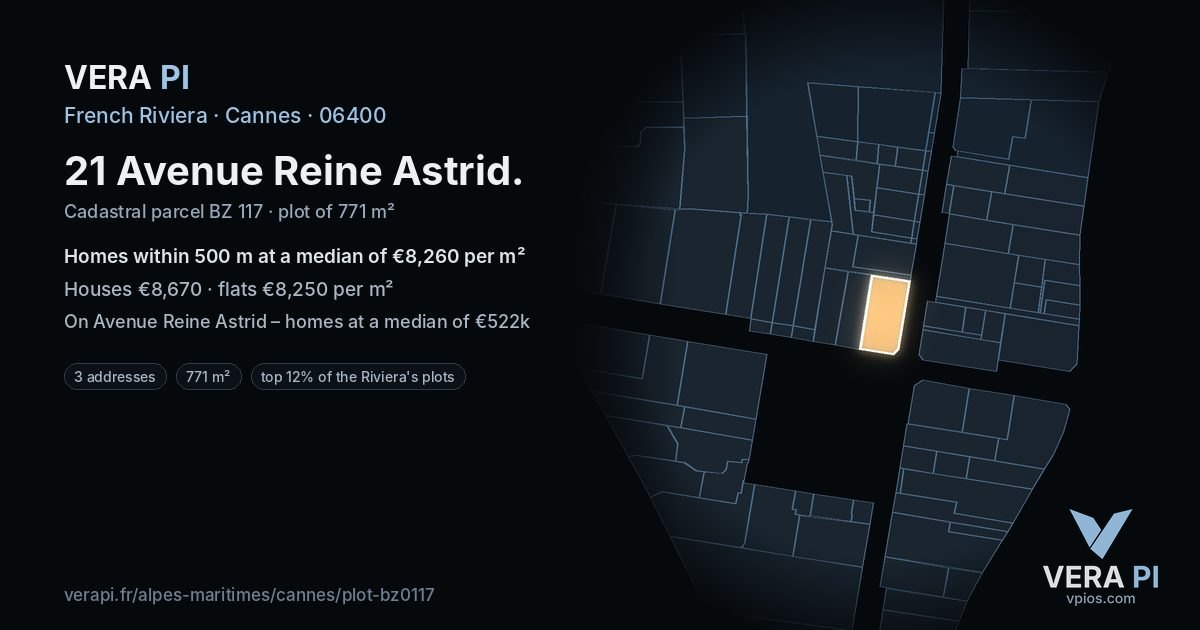 21 Avenue Reine Astrid, Cannes at night – the plot lit, the parcels around coloured by the prices near them