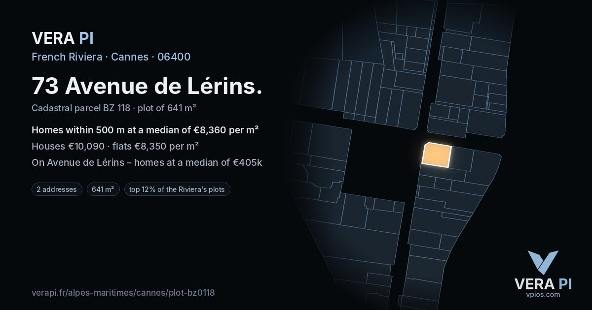 73 Avenue de Lérins, Cannes at night – the plot lit, the parcels around coloured by the prices near them