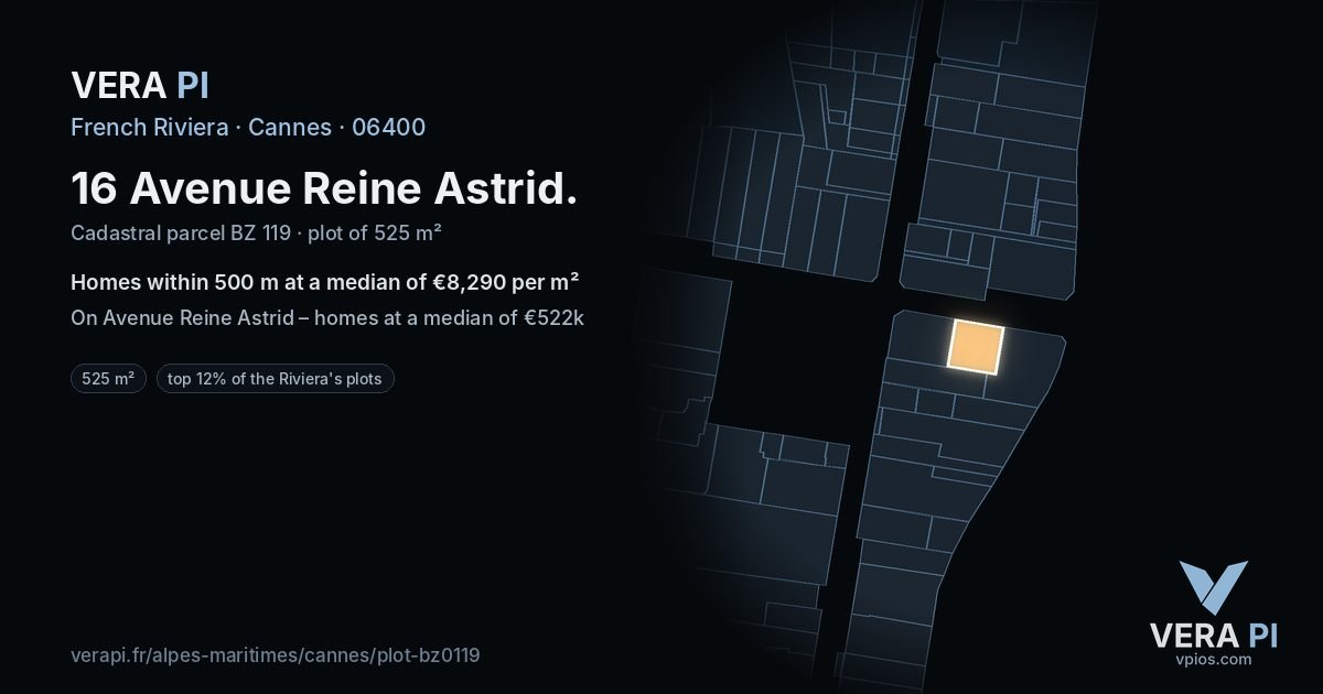 16 Avenue Reine Astrid, Cannes at night – the plot lit, the parcels around coloured by the prices near them