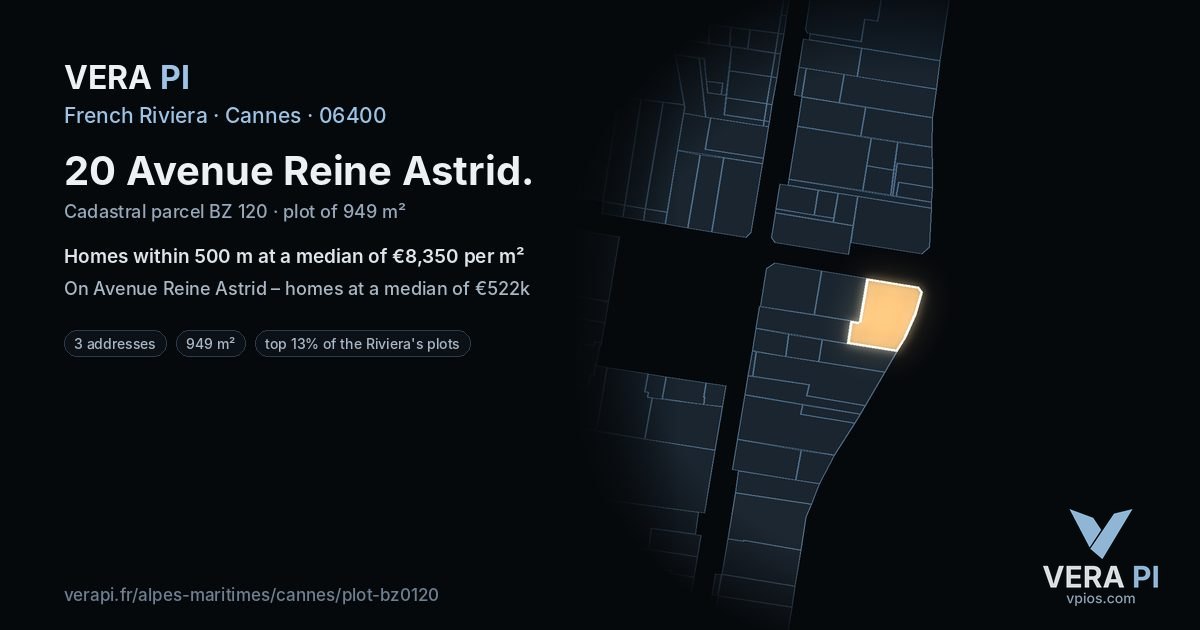20 Avenue Reine Astrid, Cannes at night – the plot lit, the parcels around coloured by the prices near them