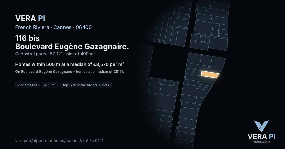 116 bis Boulevard Eugène Gazagnaire, Cannes at night – the plot lit, the parcels around coloured by the prices near them