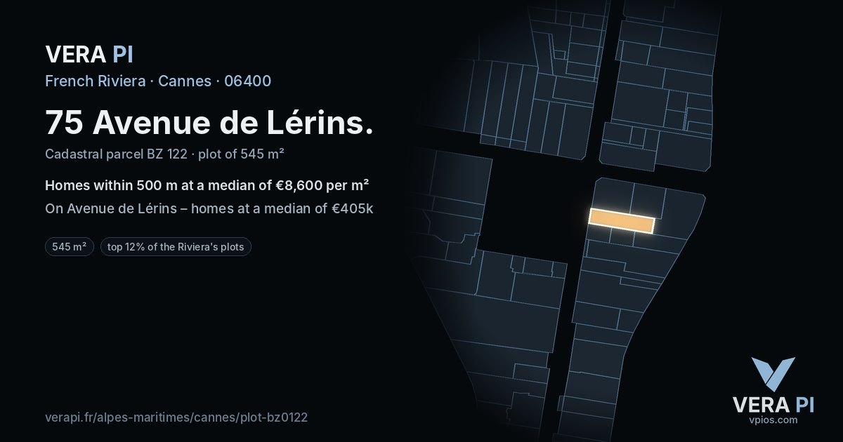 75 Avenue de Lérins, Cannes at night – the plot lit, the parcels around coloured by the prices near them