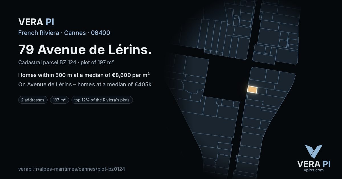 79 Avenue de Lérins, Cannes at night – the plot lit, the parcels around coloured by the prices near them