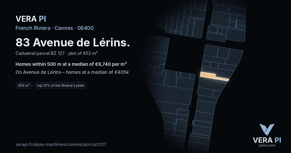 83 Avenue de Lérins, Cannes at night – the plot lit, the parcels around coloured by the prices near them
