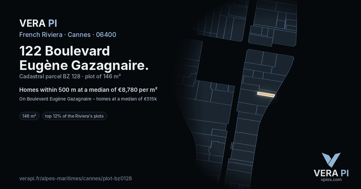 122 Boulevard Eugène Gazagnaire, Cannes at night – the plot lit, the parcels around coloured by the prices near them