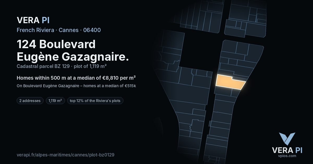 124 Boulevard Eugène Gazagnaire, Cannes at night – the plot lit, the parcels around coloured by the prices near them