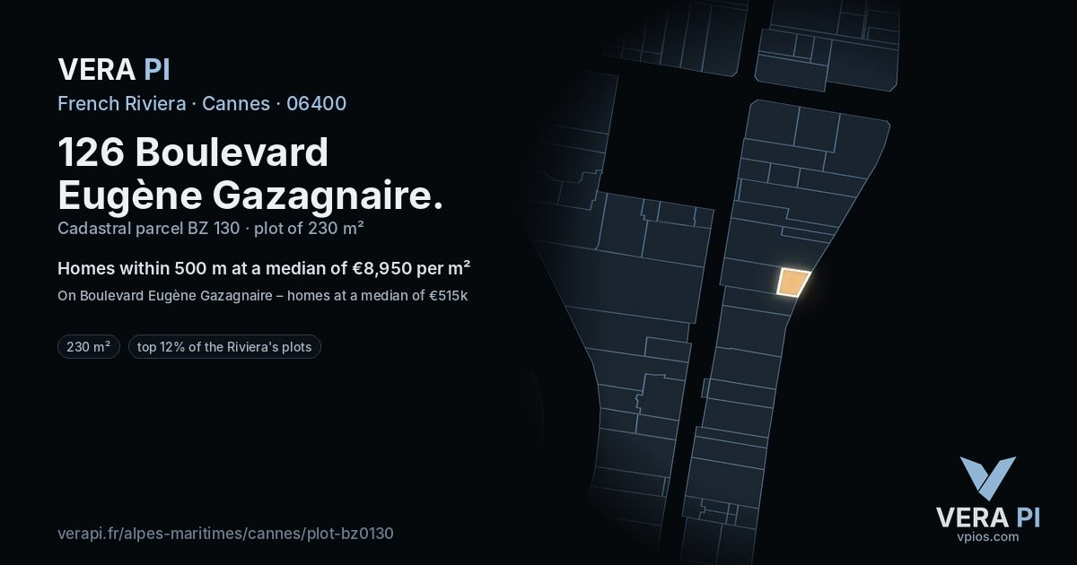 126 Boulevard Eugène Gazagnaire, Cannes at night – the plot lit, the parcels around coloured by the prices near them