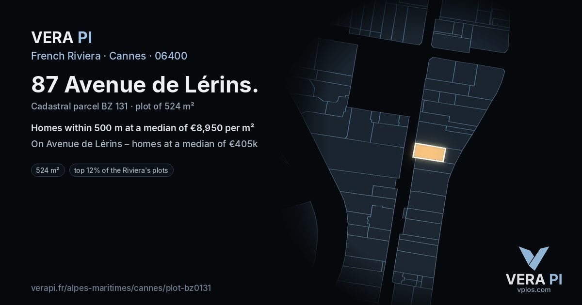 87 Avenue de Lérins, Cannes at night – the plot lit, the parcels around coloured by the prices near them
