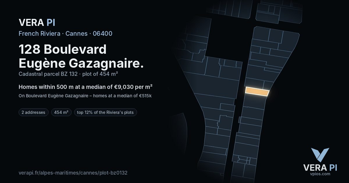 128 Boulevard Eugène Gazagnaire, Cannes at night – the plot lit, the parcels around coloured by the prices near them
