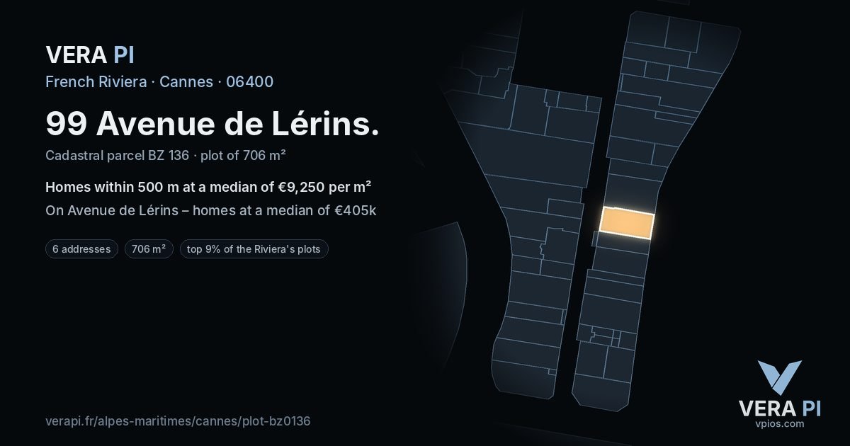 99 Avenue de Lérins, Cannes at night – the plot lit, the parcels around coloured by the prices near them