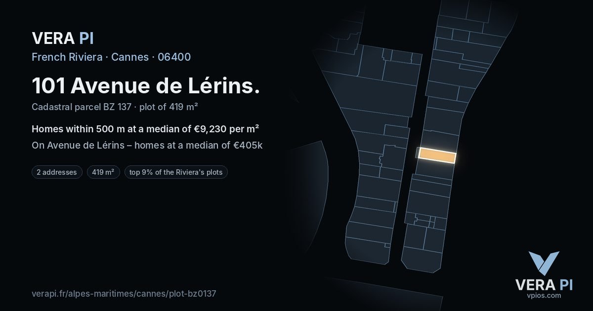101 Avenue de Lérins, Cannes at night – the plot lit, the parcels around coloured by the prices near them