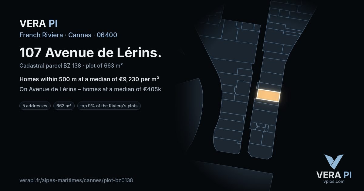 107 Avenue de Lérins, Cannes at night – the plot lit, the parcels around coloured by the prices near them