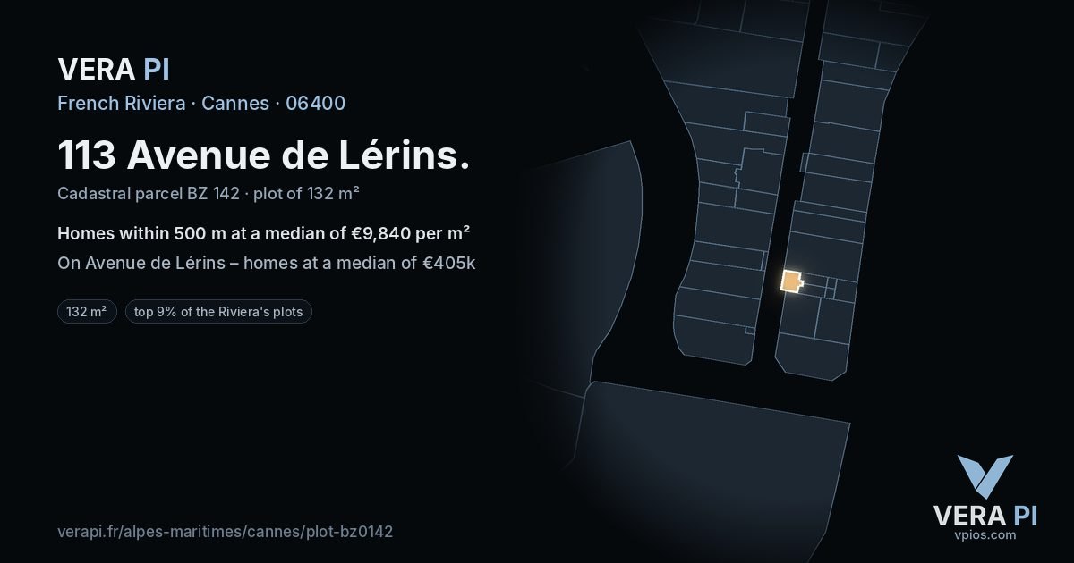 113 Avenue de Lérins, Cannes at night – the plot lit, the parcels around coloured by the prices near them