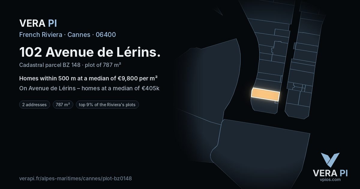 102 Avenue de Lérins, Cannes at night – the plot lit, the parcels around coloured by the prices near them