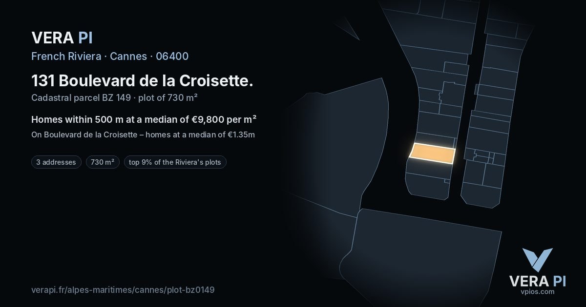131 Boulevard de la Croisette, Cannes at night – the plot lit, the parcels around coloured by the prices near them