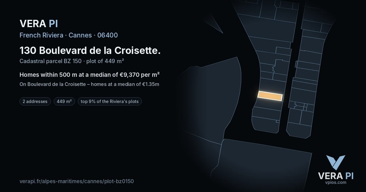 130 Boulevard de la Croisette, Cannes at night – the plot lit, the parcels around coloured by the prices near them