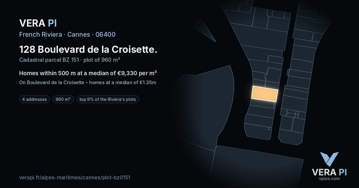 128 Boulevard de la Croisette, Cannes at night – the plot lit, the parcels around coloured by the prices near them