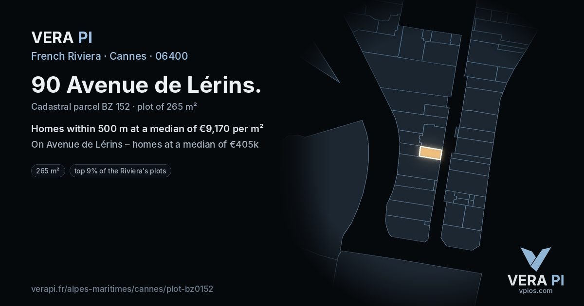 90 Avenue de Lérins, Cannes at night – the plot lit, the parcels around coloured by the prices near them