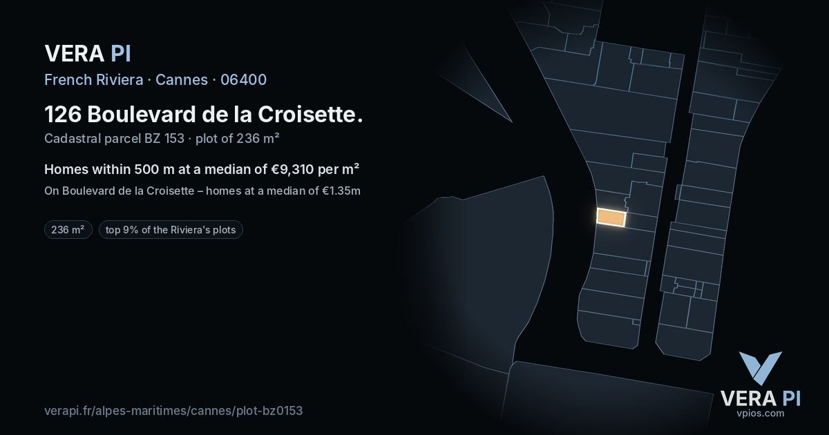 126 Boulevard de la Croisette, Cannes at night – the plot lit, the parcels around coloured by the prices near them