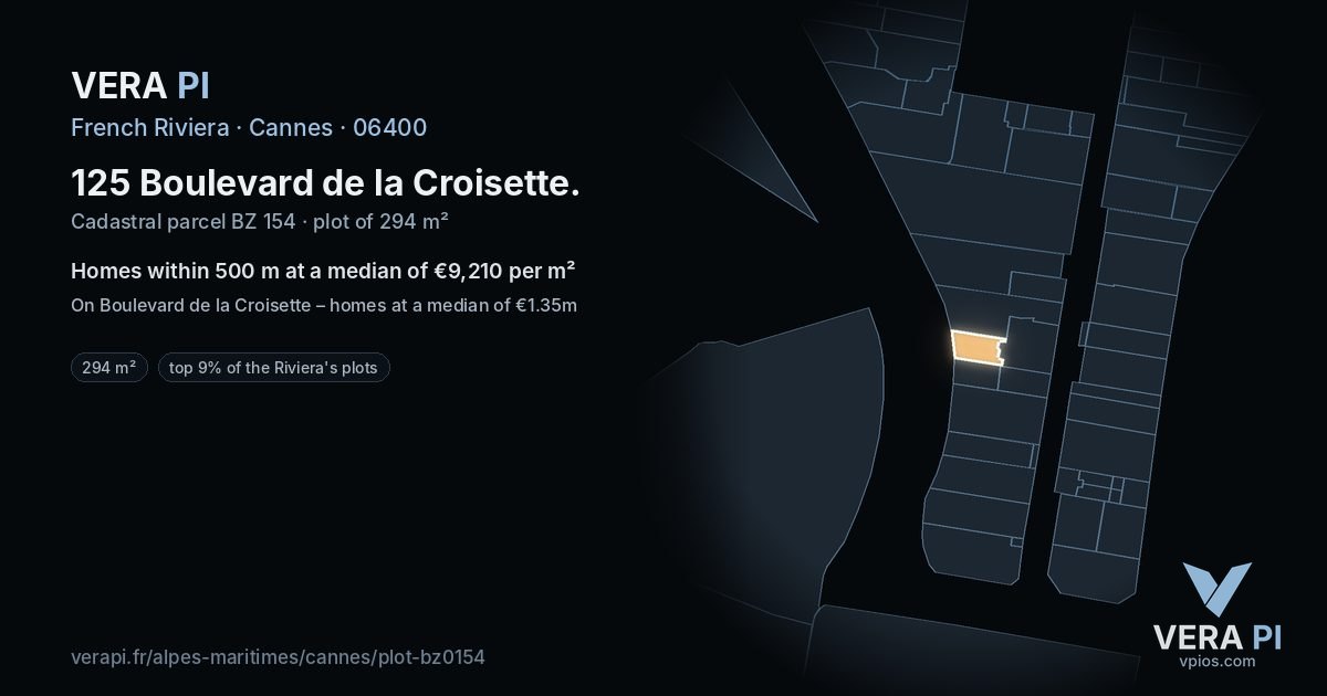 125 Boulevard de la Croisette, Cannes at night – the plot lit, the parcels around coloured by the prices near them