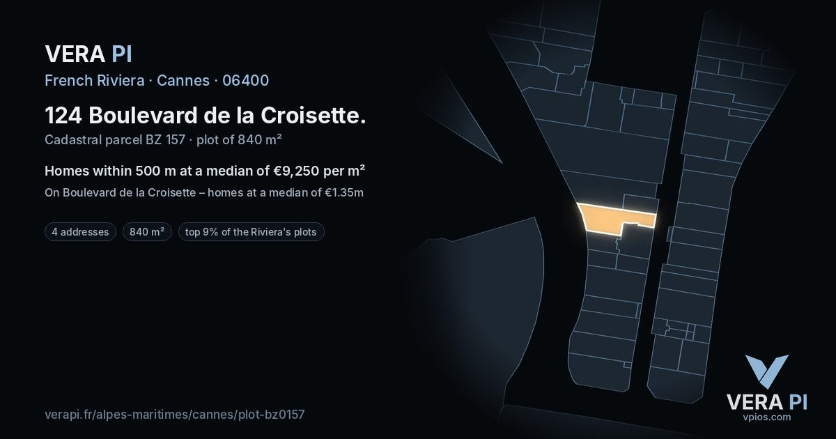 124 Boulevard de la Croisette, Cannes at night – the plot lit, the parcels around coloured by the prices near them