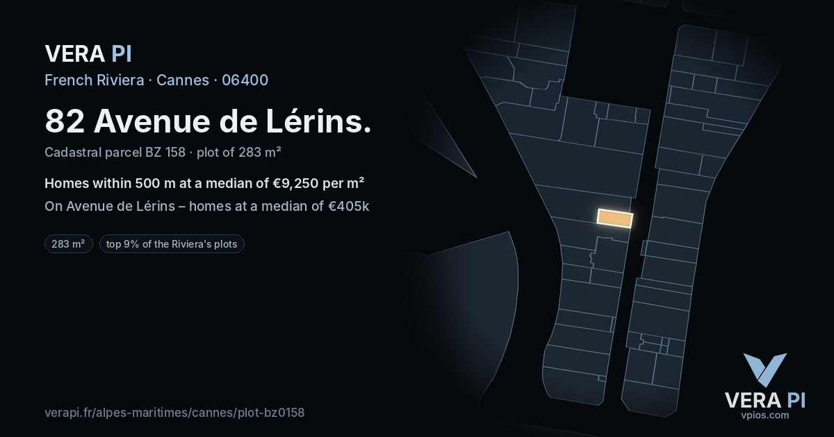 82 Avenue de Lérins, Cannes at night – the plot lit, the parcels around coloured by the prices near them