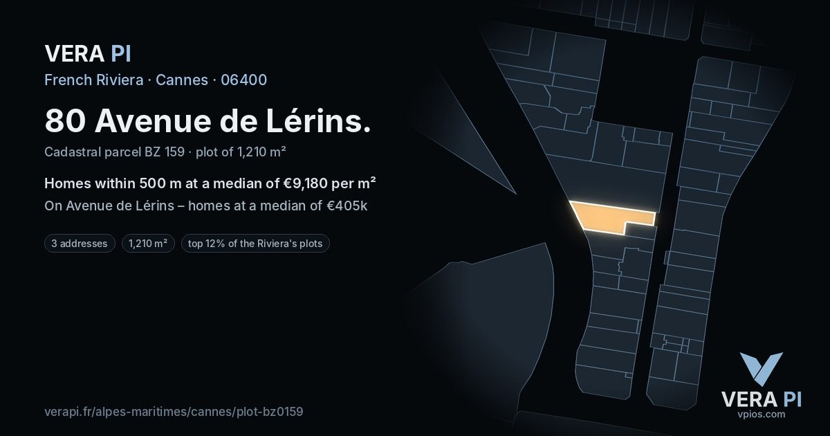 80 Avenue de Lérins, Cannes at night – the plot lit, the parcels around coloured by the prices near them