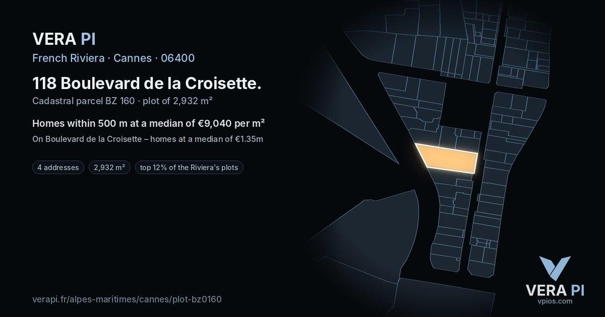 118 Boulevard de la Croisette, Cannes at night – the plot lit, the parcels around coloured by the prices near them