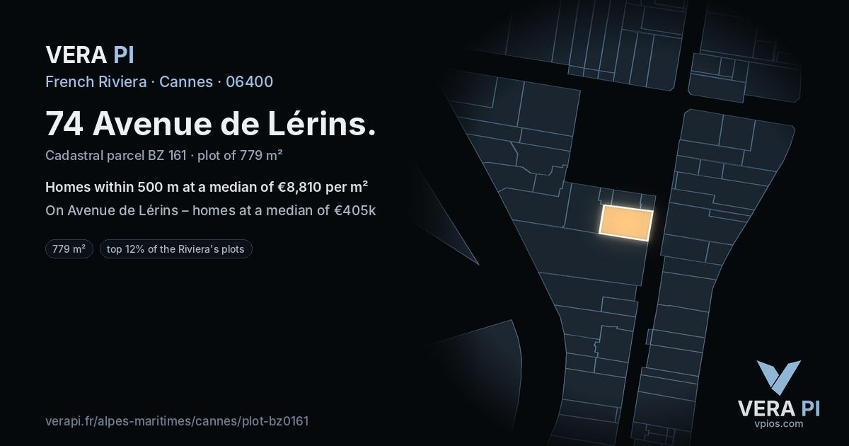 74 Avenue de Lérins, Cannes at night – the plot lit, the parcels around coloured by the prices near them