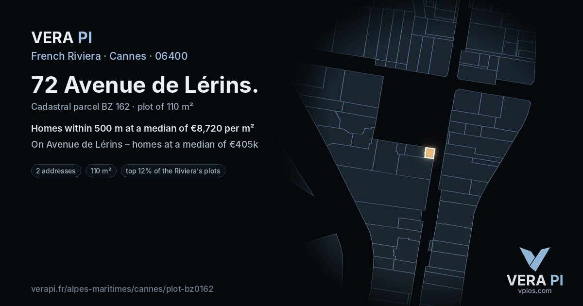 72 Avenue de Lérins, Cannes at night – the plot lit, the parcels around coloured by the prices near them