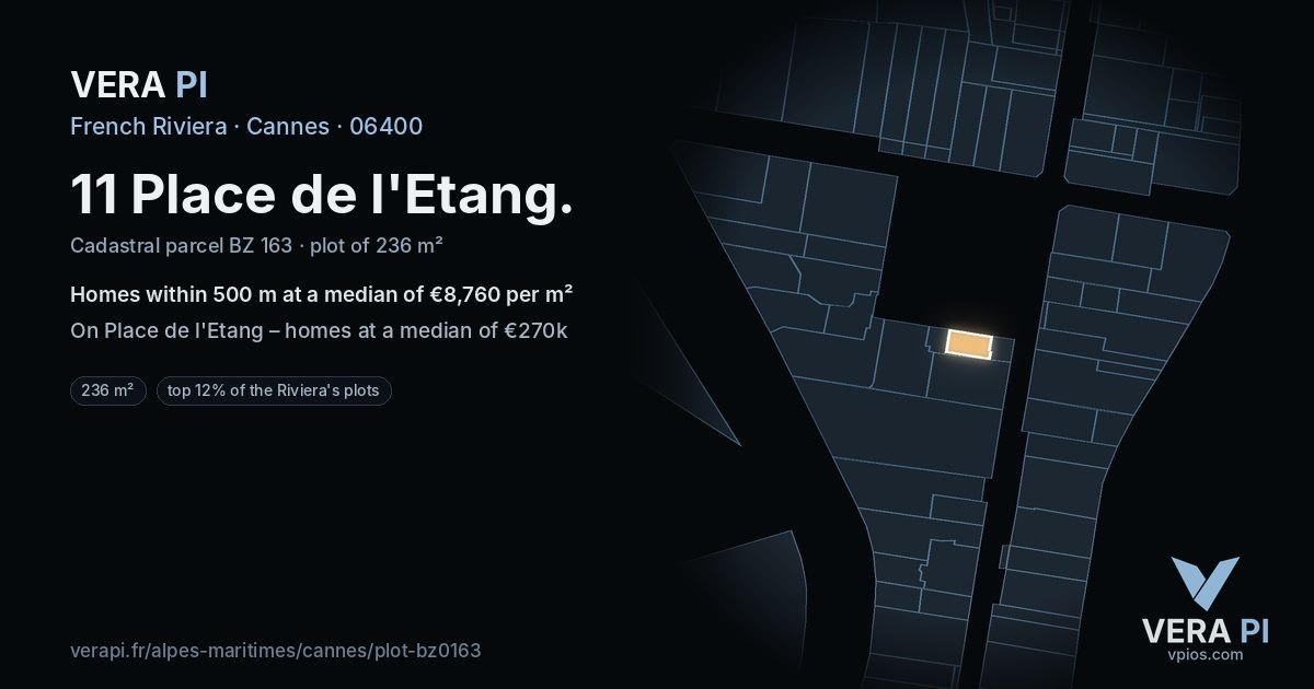 11 Place de l'Etang, Cannes at night – the plot lit, the parcels around coloured by the prices near them