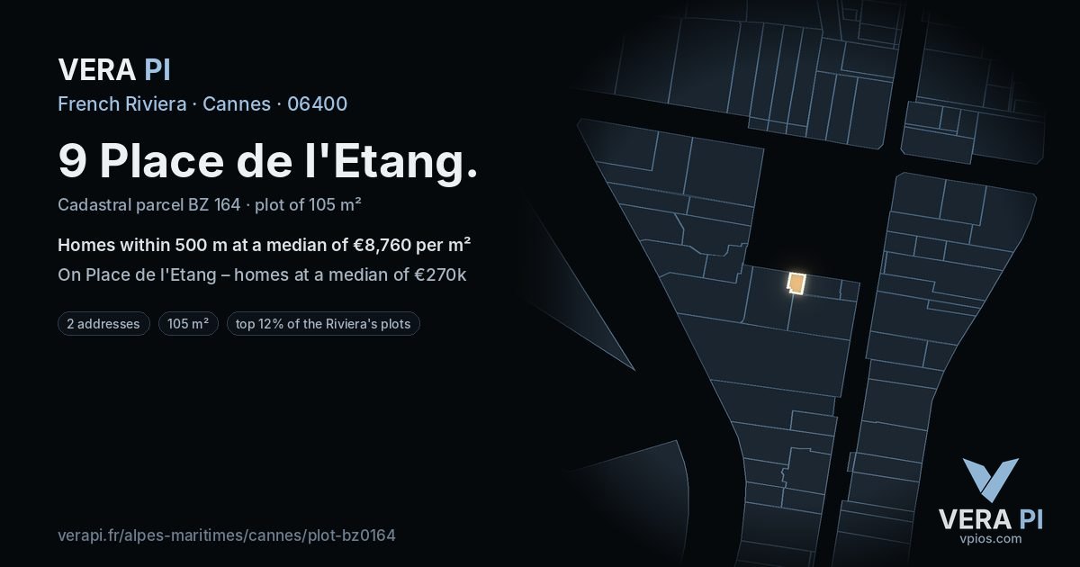 9 Place de l'Etang, Cannes at night – the plot lit, the parcels around coloured by the prices near them