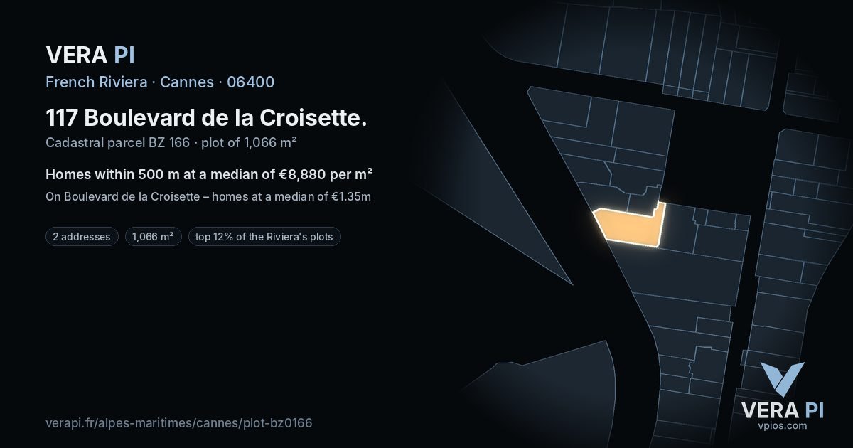 117 Boulevard de la Croisette, Cannes at night – the plot lit, the parcels around coloured by the prices near them