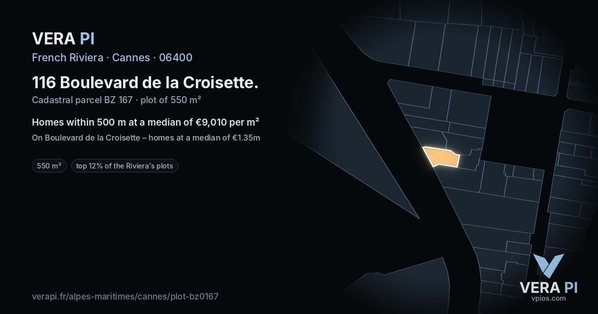 116 Boulevard de la Croisette, Cannes at night – the plot lit, the parcels around coloured by the prices near them