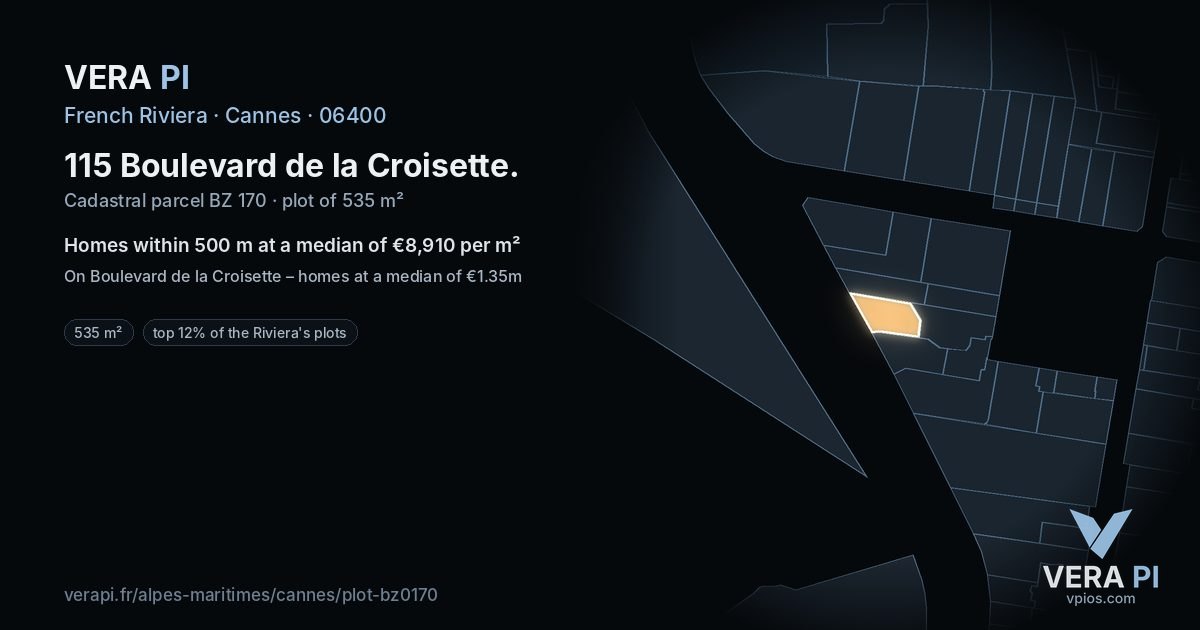 115 Boulevard de la Croisette, Cannes at night – the plot lit, the parcels around coloured by the prices near them