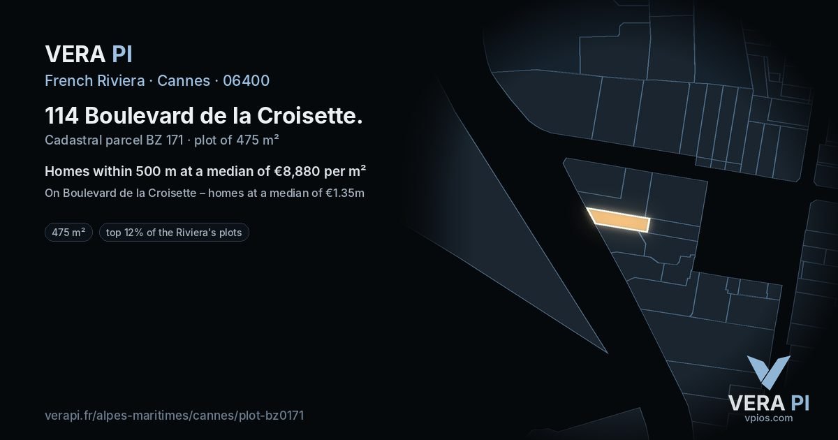 114 Boulevard de la Croisette, Cannes at night – the plot lit, the parcels around coloured by the prices near them