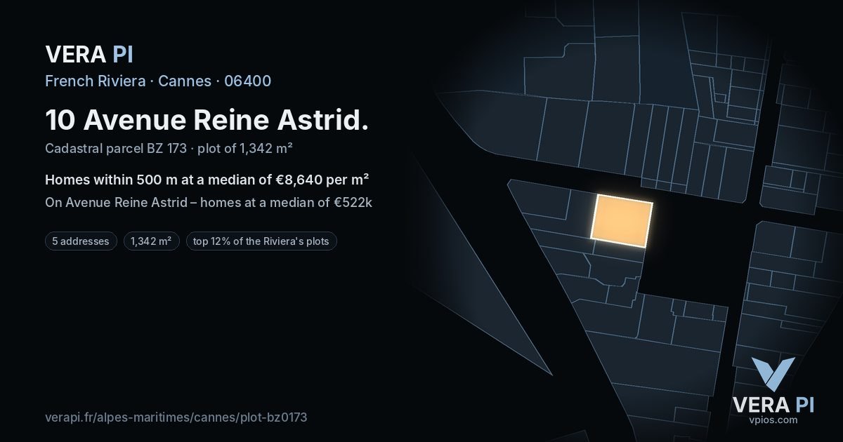 10 Avenue Reine Astrid, Cannes at night – the plot lit, the parcels around coloured by the prices near them