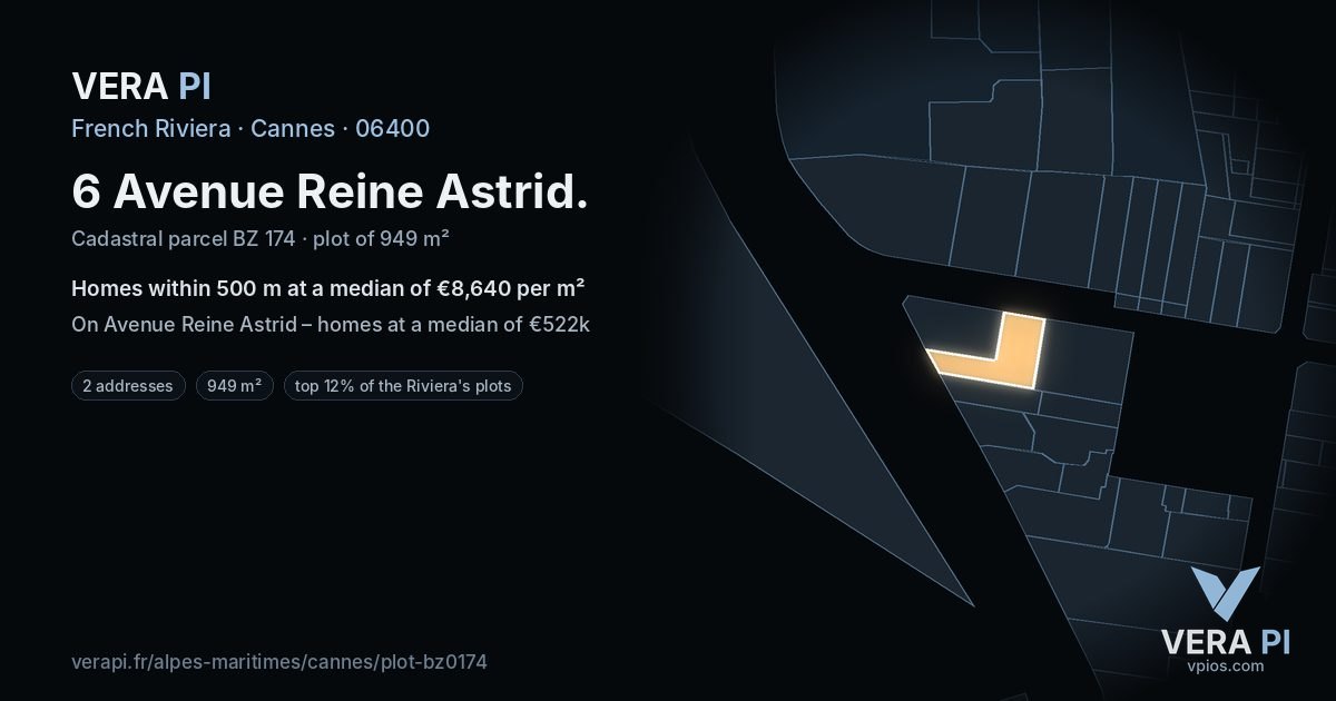 6 Avenue Reine Astrid, Cannes at night – the plot lit, the parcels around coloured by the prices near them