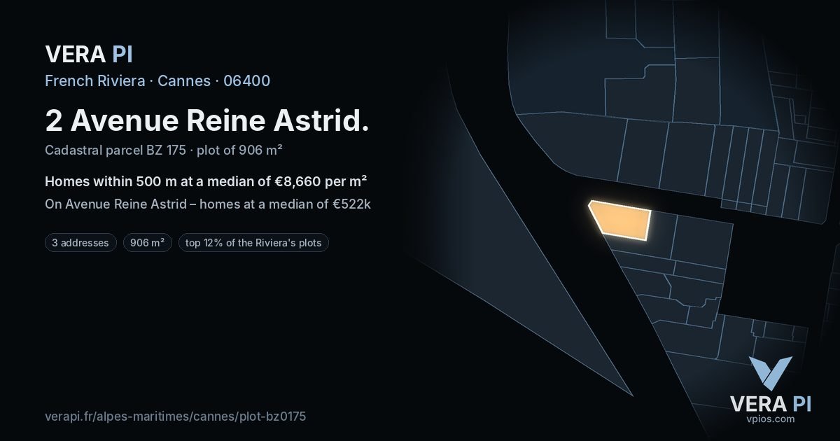 2 Avenue Reine Astrid, Cannes at night – the plot lit, the parcels around coloured by the prices near them