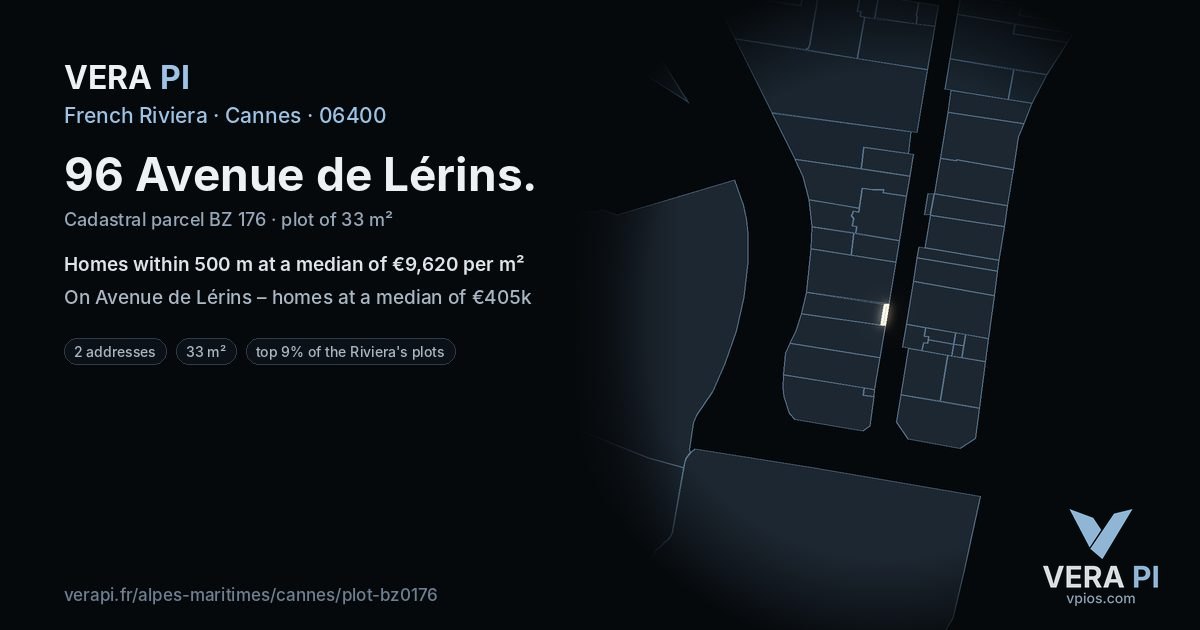 96 Avenue de Lérins, Cannes at night – the plot lit, the parcels around coloured by the prices near them