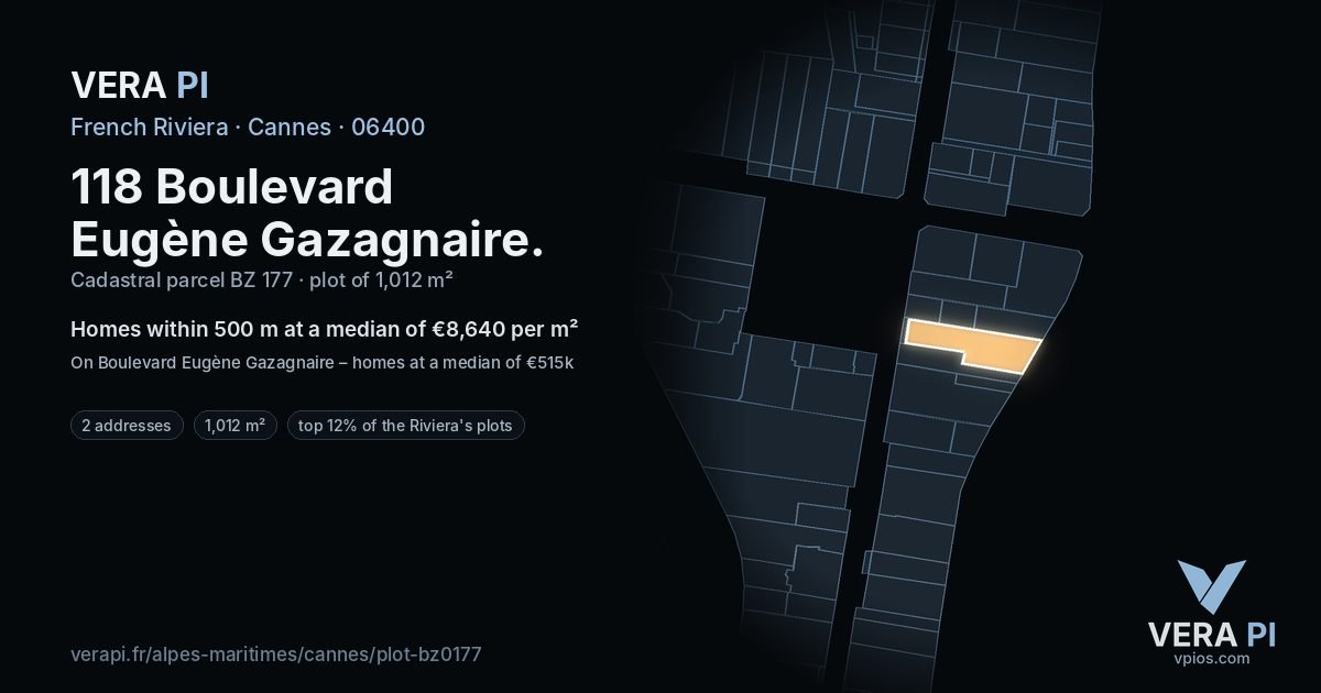 118 Boulevard Eugène Gazagnaire, Cannes at night – the plot lit, the parcels around coloured by the prices near them