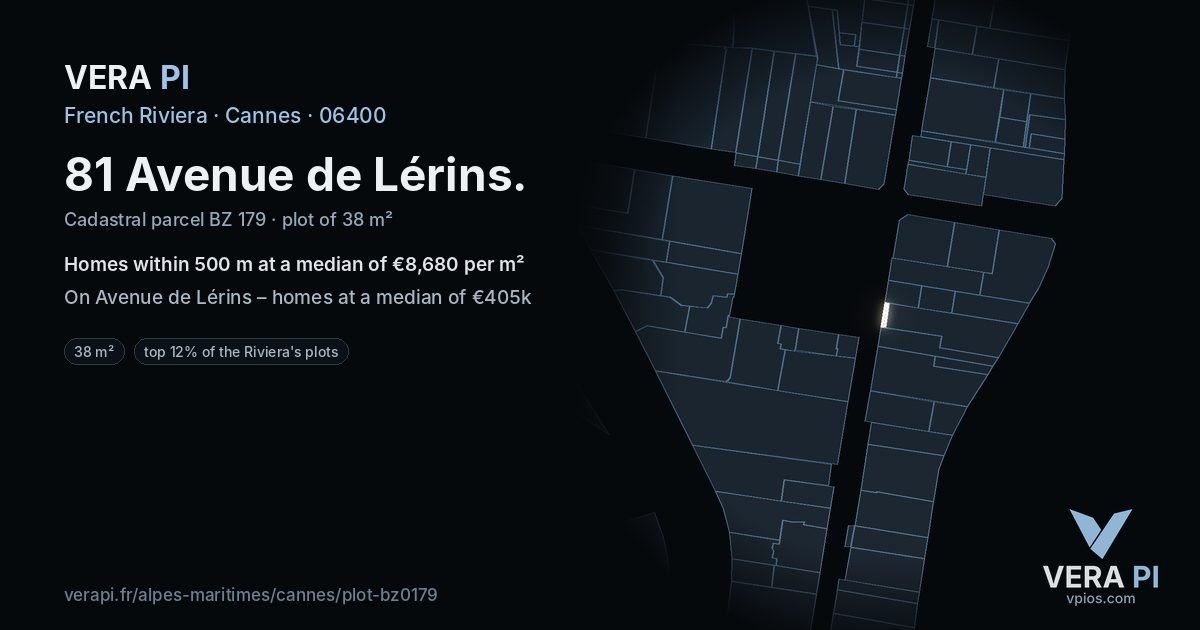 81 Avenue de Lérins, Cannes at night – the plot lit, the parcels around coloured by the prices near them